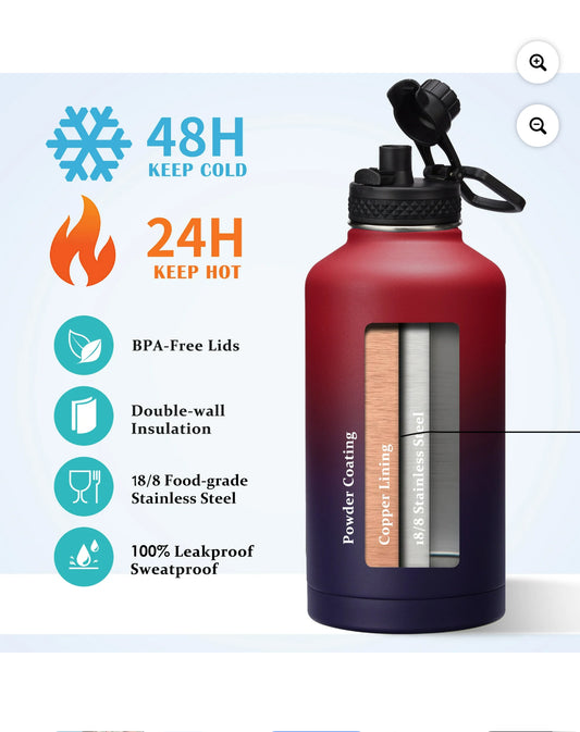 Botellas de Agua de Acero Inoxidable de 64 Oz: Botella de Agua Aislada Al Vacío con Tapas de Pajita y Pico, Jarra de Agua de Medio Galón con Bolsa de Transporte, Asa de Paracord, Frasco de Agua de Metal a Prueba de Fugas para Viajes Deportivos en el Gimna