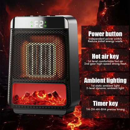 Black Mini Electric Fireplace Heater – 1000W 3D LED Flame, Portable for Office Home + Christmas Decor