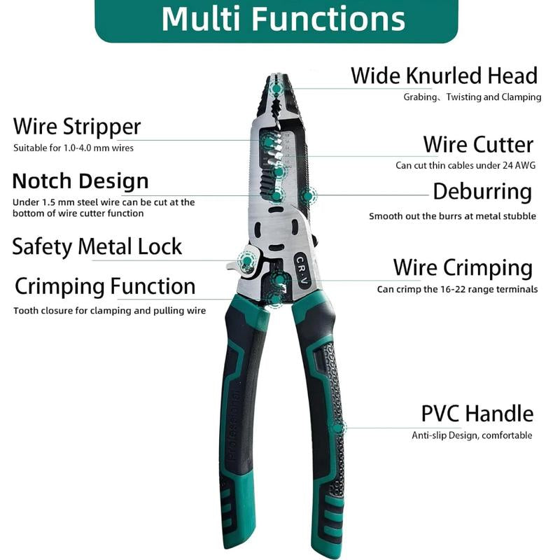 1Pcs 10-In-1 Wire Stripper Tool,Wire Strippers,Cable Cutters,Cr-V Multifunctional Plier with Wire Stripper Crimper Side Cutter, Shearing,Screw Gripping Pliers for Electric Cable