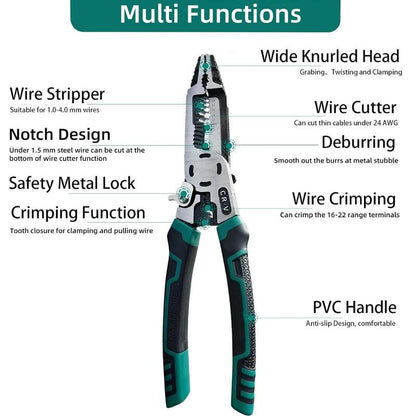 1Pcs 10-In-1 Wire Stripper Tool,Wire Strippers,Cable Cutters,Cr-V Multifunctional Plier with Wire Stripper Crimper Side Cutter, Shearing,Screw Gripping Pliers for Electric Cable