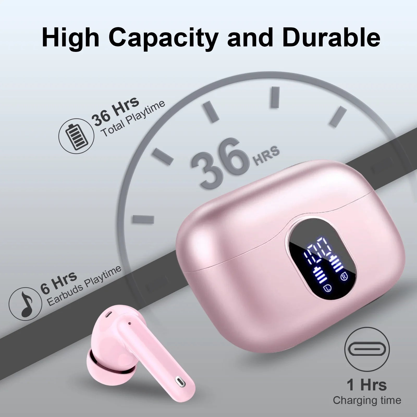 Wireless Earbuds, Bluetooth 5.4 Headphones Bass Stereo, Ear Buds with Noise Cancelling Mic LED Display, 36H Playtime in Ear Earphones, IP7 Waterproof Sport Headset for Android Ios