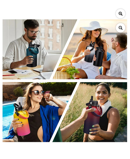 Botellas de Agua de Acero Inoxidable de 64 Oz: Botella de Agua Aislada Al Vacío con Tapas de Pajita y Pico, Jarra de Agua de Medio Galón con Bolsa de Transporte, Asa de Paracord, Frasco de Agua de Metal a Prueba de Fugas para Viajes Deportivos en el Gimna