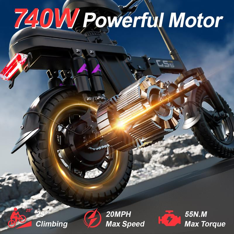 【Voltx】740W Lightweight Double Motor Electric Bike for Adults,20Mph,48V15A Removable Battery,40-45Miles Range,11 Shock Absorption,Dual-Seat Design Foldable Double-Suspension 14" Fat Tires 300 Lbs Load for Commuting & All-Terrain Riding，Free Accessories