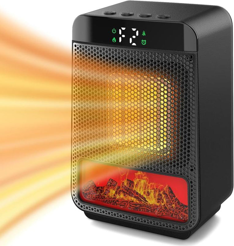 Black Mini Electric Fireplace Heater – 1000W 3D LED Flame, Portable for Office Home + Christmas Decor