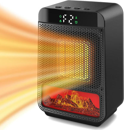 Black Mini Electric Fireplace Heater – 1000W 3D LED Flame, Portable for Office Home + Christmas Decor