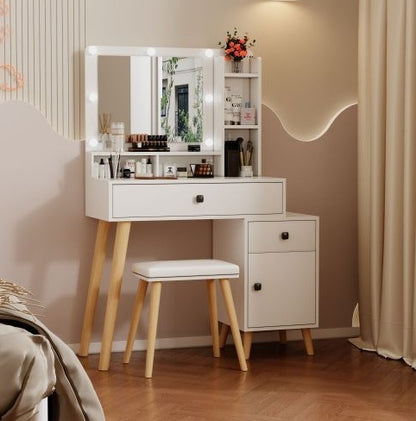 Dressing Table With Hollywood LED Mirror, Light Adjustable Brightness, Dressing Table, Padded Stool Set, White, Wooden Cosmetic Table With Drawer And Storage Cabinet