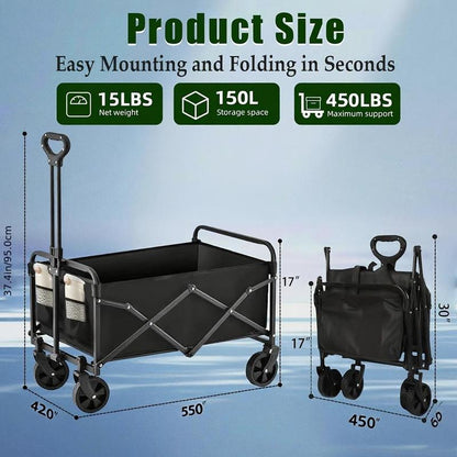 Heavy-Duty Folding Utility Wagon Cart All-Terrain Stainless Steel Frame 600D Oxford Fabric 320LBS Capacity Durable Wheels Sturdy Handle Design for Camping Gardening Shopping Outdoor Gear Transport Black