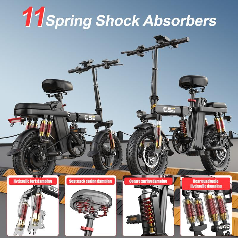 【Voltx】740W Lightweight Double Motor Electric Bike for Adults,20Mph,48V15A Removable Battery,40-45Miles Range,11 Shock Absorption,Dual-Seat Design Foldable Double-Suspension 14" Fat Tires 300 Lbs Load for Commuting & All-Terrain Riding，Free Accessories