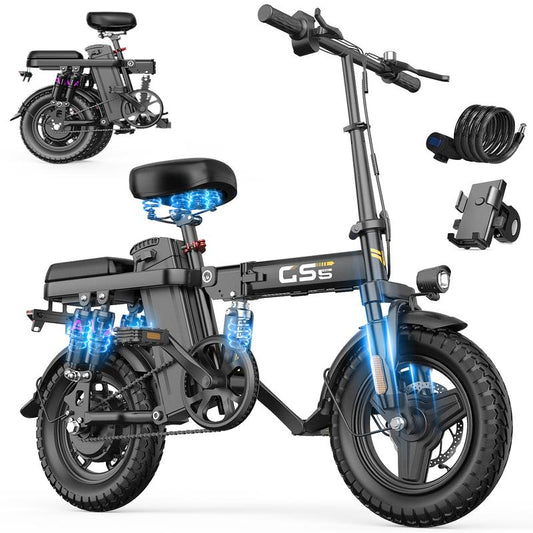 【Voltx】740W Lightweight Double Motor Electric Bike for Adults,20Mph,48V15A Removable Battery,40-45Miles Range,11 Shock Absorption,Dual-Seat Design Foldable Double-Suspension 14" Fat Tires 300 Lbs Load for Commuting & All-Terrain Riding，Free Accessories