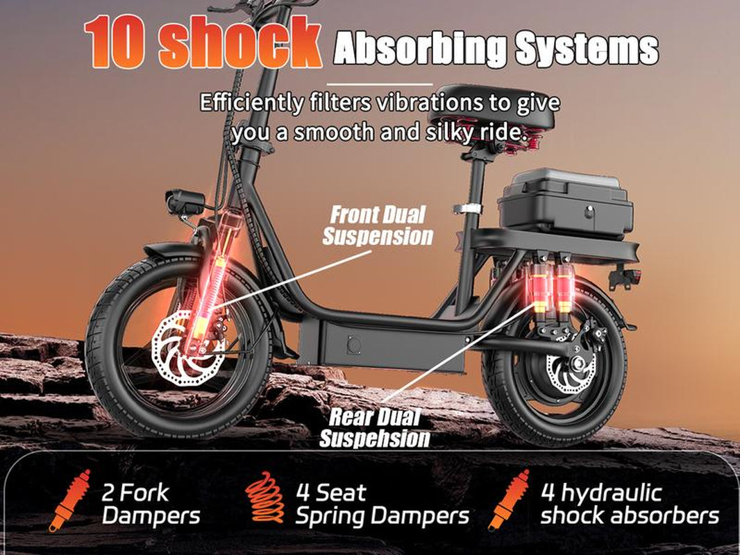 【Voltx】740W Lightweight Double Motor Electric Bike for Adults,20Mph,48V15A Removable Battery,40-45Miles Range,11 Shock Absorption,Dual-Seat Design Foldable Double-Suspension 14" Fat Tires 300 Lbs Load for Commuting & All-Terrain Riding，Free Accessories