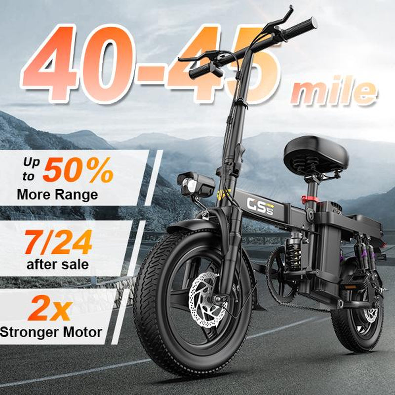 【Voltx】740W Lightweight Double Motor Electric Bike for Adults,20Mph,48V15A Removable Battery,40-45Miles Range,11 Shock Absorption,Dual-Seat Design Foldable Double-Suspension 14" Fat Tires 300 Lbs Load for Commuting & All-Terrain Riding，Free Accessories