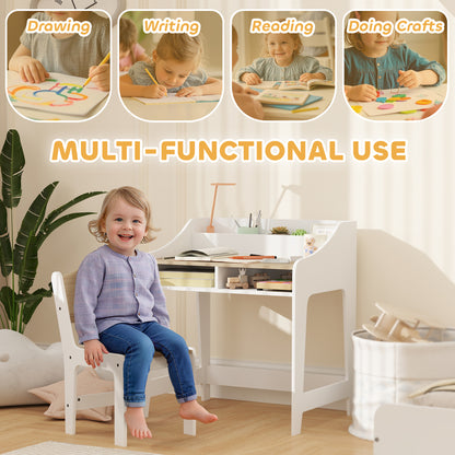 Desk And Chair Set With Storage And Shelves, For Bedroom & Study Room, Gift For 3-8 Years Old, Natural Wood