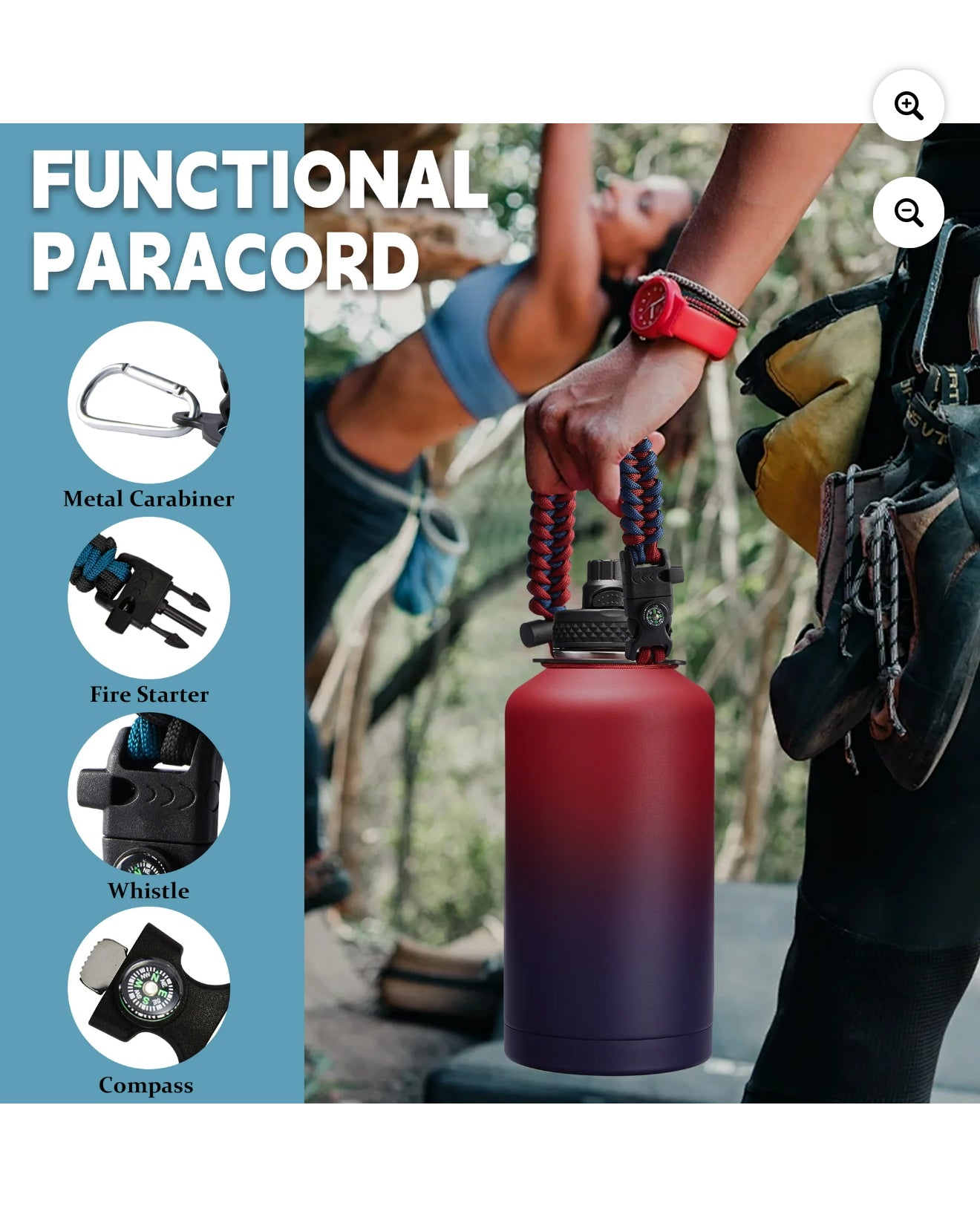 Botellas de Agua de Acero Inoxidable de 64 Oz: Botella de Agua Aislada Al Vacío con Tapas de Pajita y Pico, Jarra de Agua de Medio Galón con Bolsa de Transporte, Asa de Paracord, Frasco de Agua de Metal a Prueba de Fugas para Viajes Deportivos en el Gimna