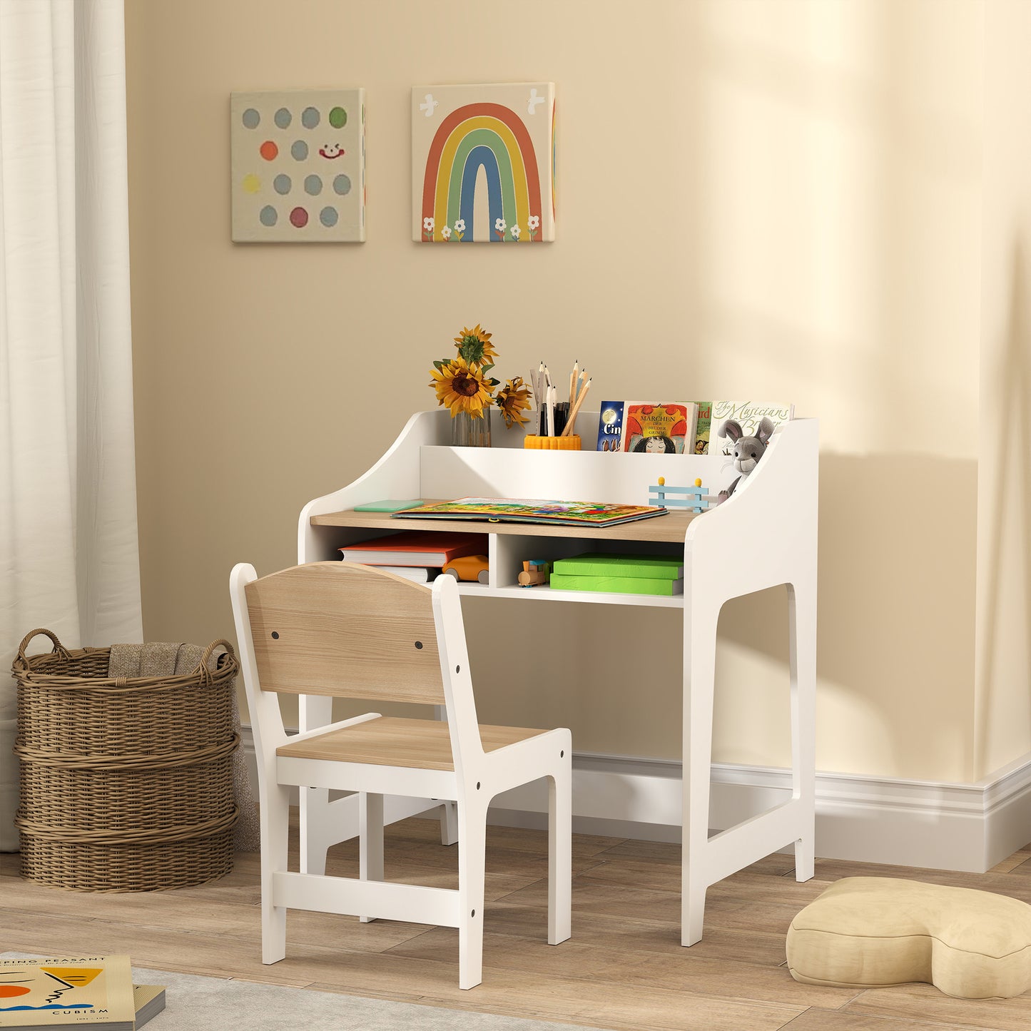 Desk And Chair Set With Storage And Shelves, For Bedroom & Study Room, Gift For 3-8 Years Old, Natural Wood