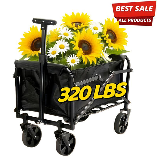Heavy-Duty Folding Utility Wagon Cart All-Terrain Stainless Steel Frame 600D Oxford Fabric 320LBS Capacity Durable Wheels Sturdy Handle Design for Camping Gardening Shopping Outdoor Gear Transport Black