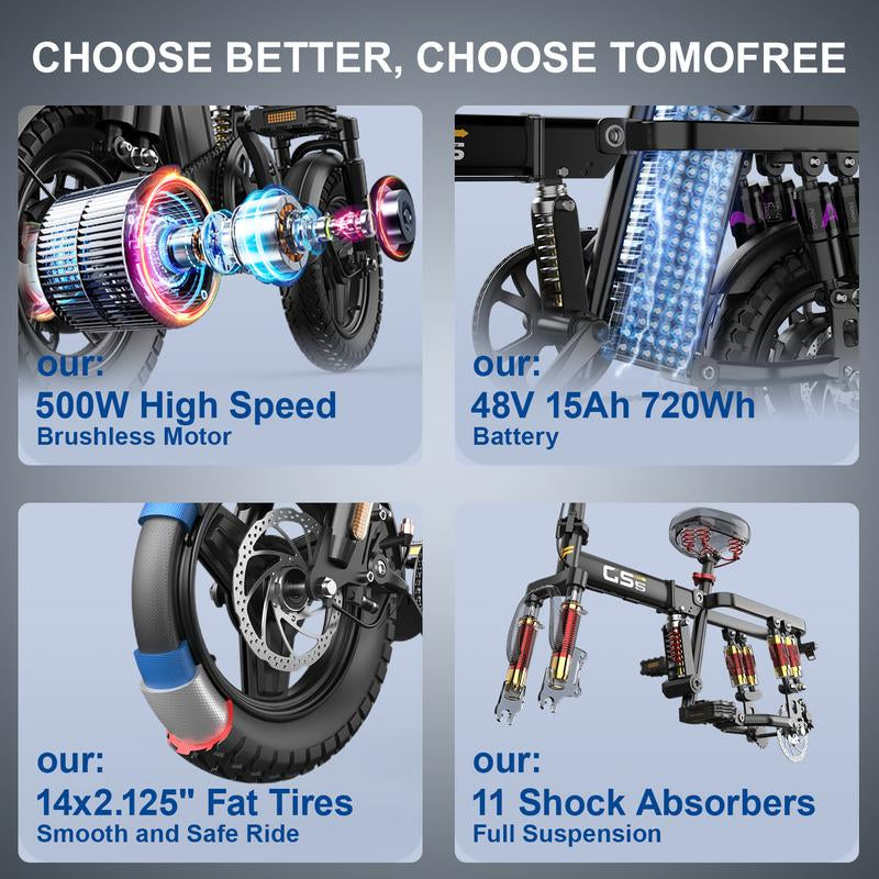 【Voltx】740W Lightweight Double Motor Electric Bike for Adults,20Mph,48V15A Removable Battery,40-45Miles Range,11 Shock Absorption,Dual-Seat Design Foldable Double-Suspension 14" Fat Tires 300 Lbs Load for Commuting & All-Terrain Riding，Free Accessories