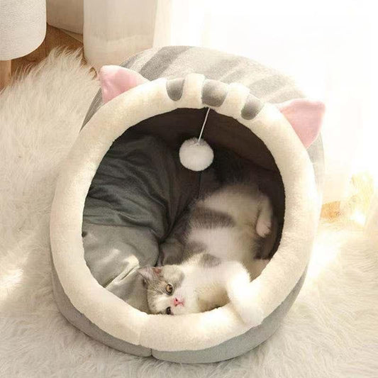 Semi-Enclosed Pet Bed, All-Season Cozy Nest for Cats & Small Dogs, Cute Wrapped Design Sleeping House with Warm Cushion