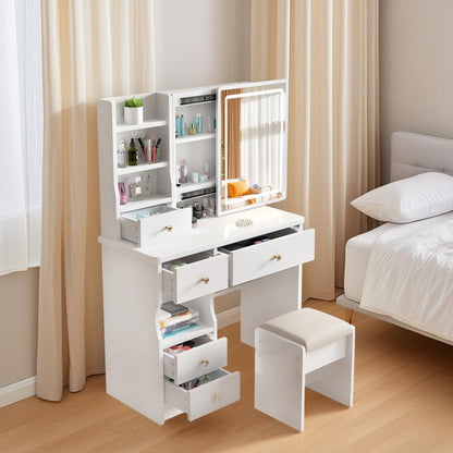 Vanity Table with Hidden Storage & LED Mirror & Power Outlet, 3 Lighting Modes,Makeup Table with Drawers & Storage Stool, White
