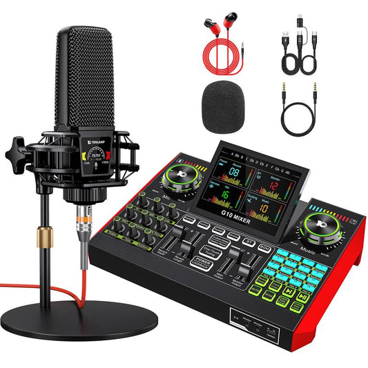 Tenlamp G10 Podcast Equipment Kit, Studio Kit with Voice Changer, Live Sound Card - Laptop Vlog Live Streaming Plug and Play Computer Kit with Professional Chipset for Gaming, Singing, DJ