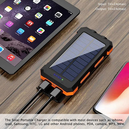Solar Portable Charger 10000Mah - Dual USB Output, LED Torch & Compass, IP65 Waterproof for Camping & Hiking
