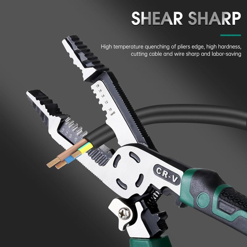 1Pcs 10-In-1 Wire Stripper Tool,Wire Strippers,Cable Cutters,Cr-V Multifunctional Plier with Wire Stripper Crimper Side Cutter, Shearing,Screw Gripping Pliers for Electric Cable
